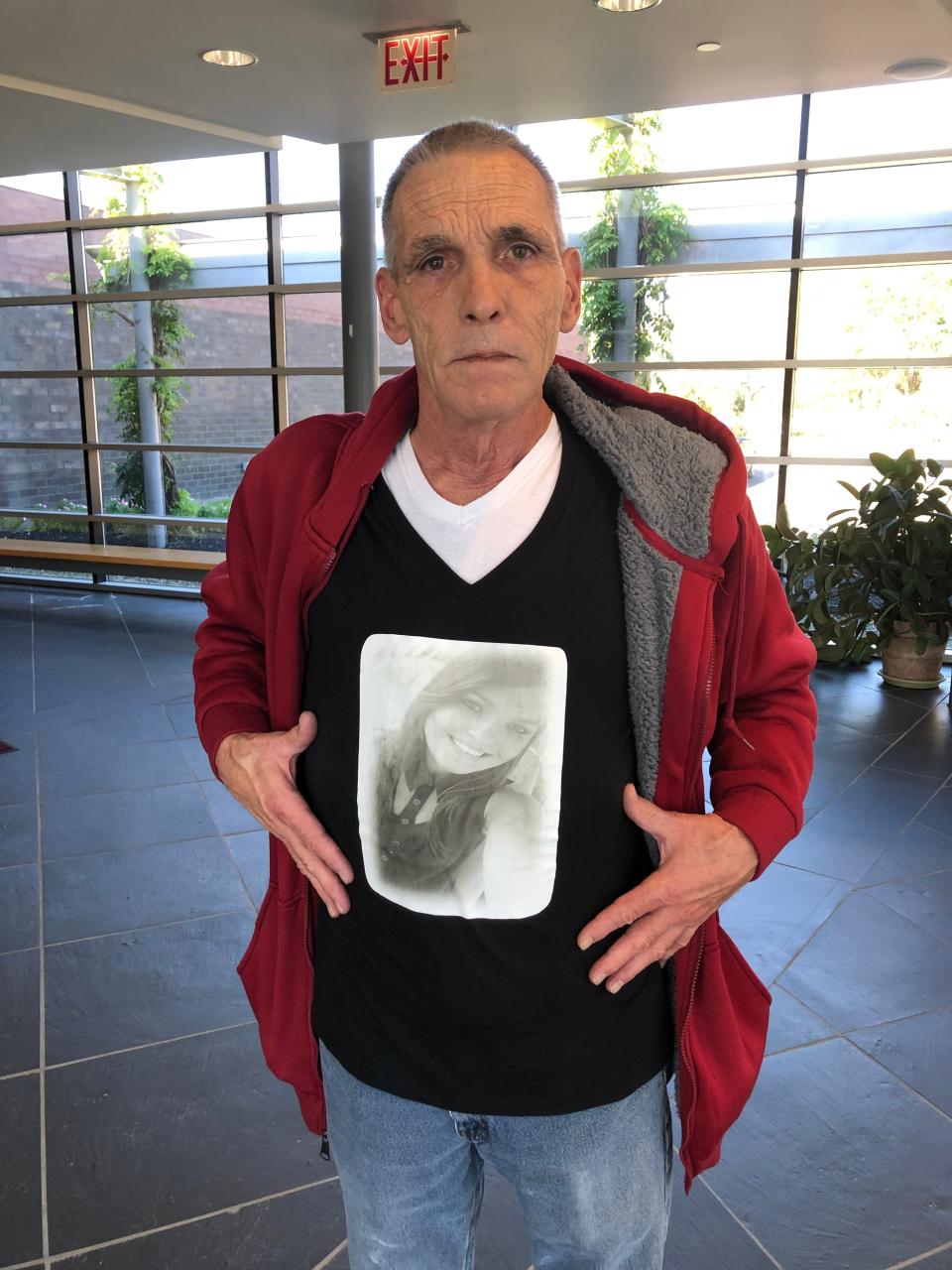 Paul Piccone shows his shirt which has a picture of his daughter, Lindsey Piccone. Lindsey Piccone, 21, of Bensalem, committed suicide after she was extorted for explicit photos in 2016, according to Bensalem police. Her family is pushing for legislation for harsher penalties for those who sexually extort someone, who then end up hurting themselves as a result.