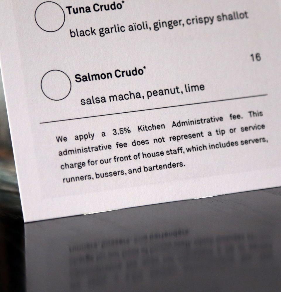 On each menu at Row 34 in Portsmouth, a note says there is a 3.5% kitchen administrative fee which goes to workers in the back of the house.