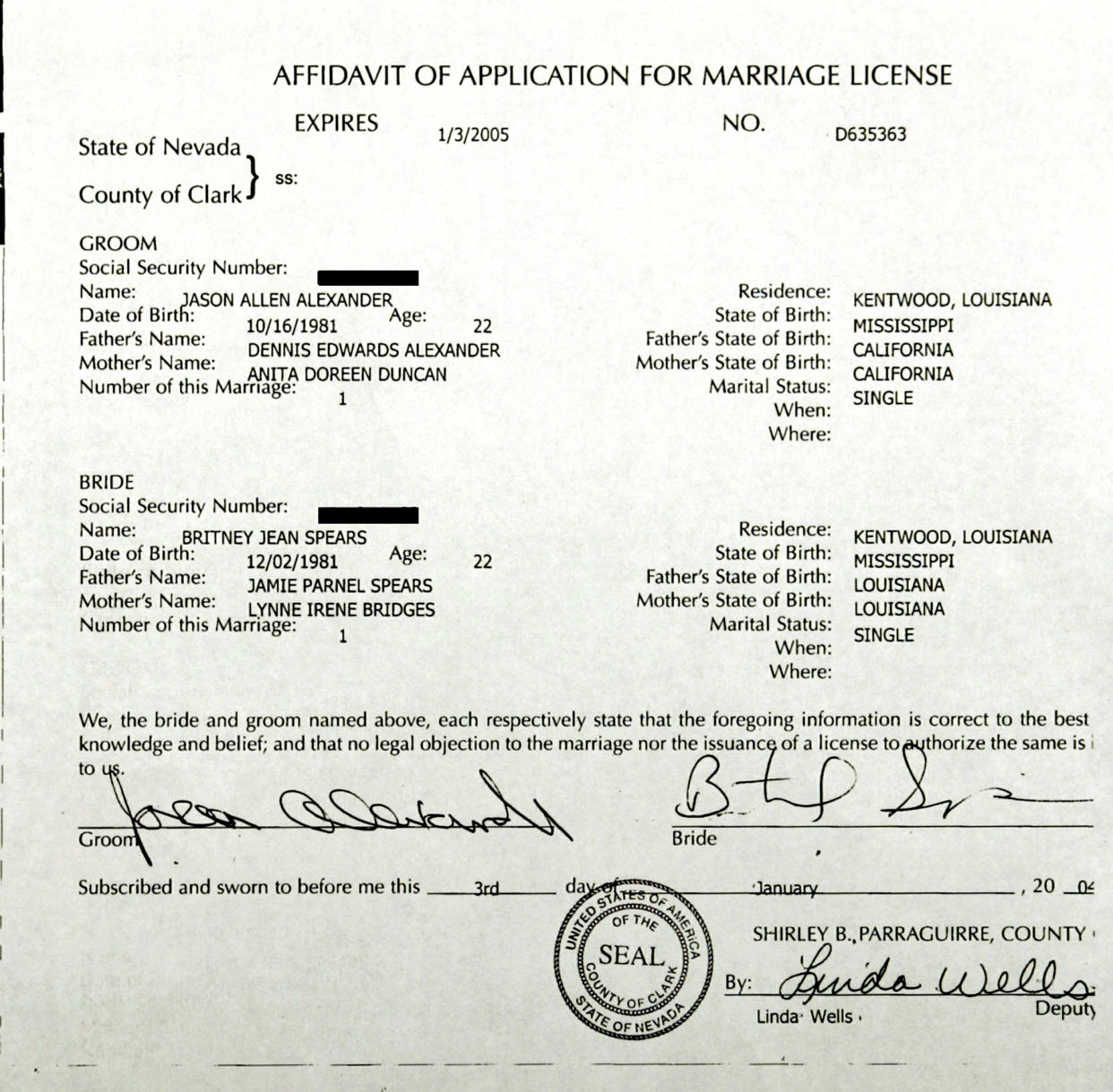 A copy of an Affidavit of Application for Marriage License that was filed at the Clark County Marriage Bureau by pop singer Britney Spears and Jason Alexander, in Las Vegas, Nevada on January 3, 2004. Wearing a baseball cap and on the arm of a hotel bellman, pop star Britney Spears married a childhood friend in a Las Vegas wedding ceremony on Saturday, according to published reports.
??? USE ONLY