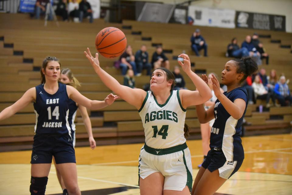 Sand Creek's Denae Covey (14) grabs a loose ball against East Jackson on Wednesday, December 28, 2022 at Adrian College.