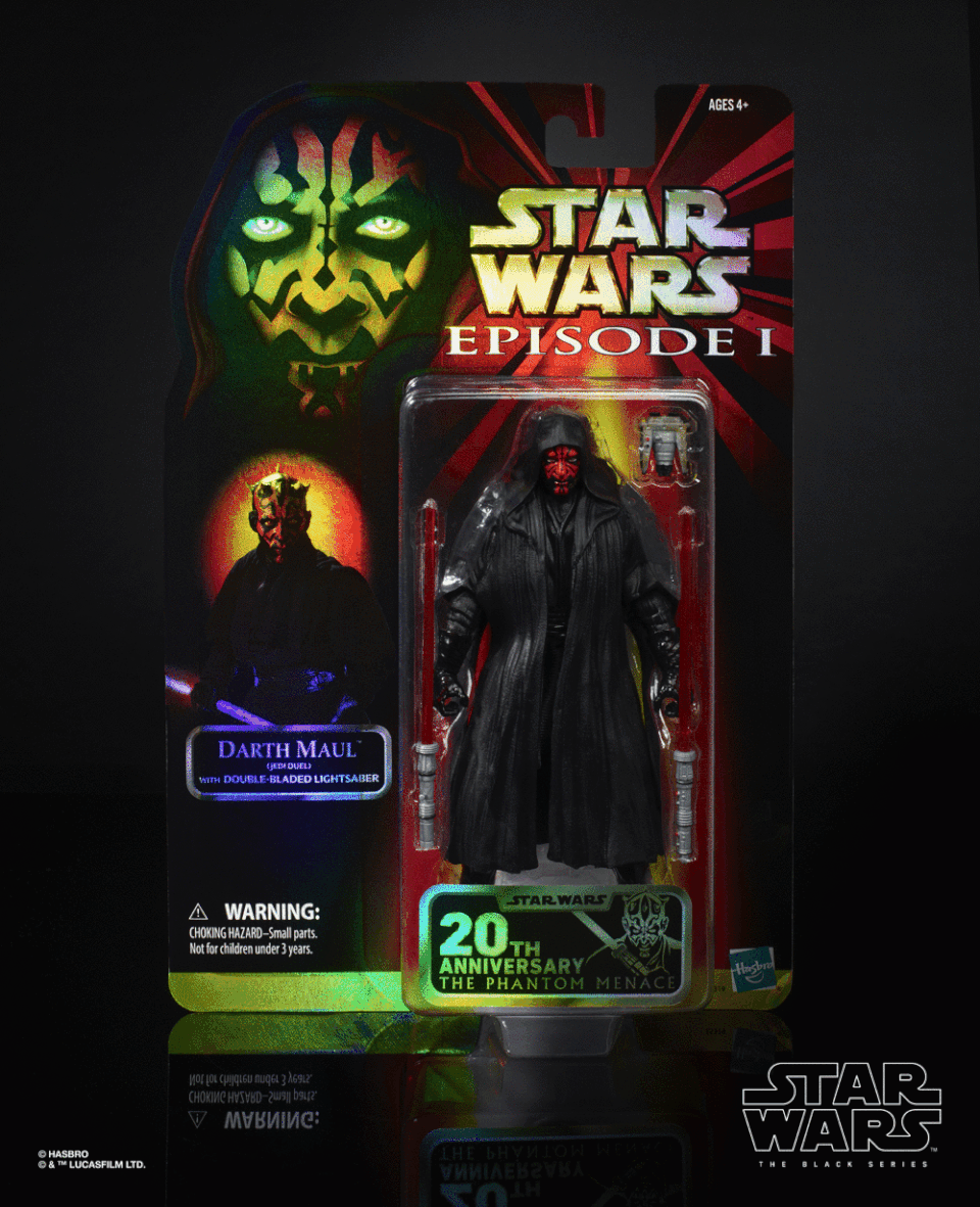 The fearsome DARTH MAUL stands ready to clash with his Jedi foes. This 6-inch figure includes alternate head, cloak, and configurable lightsaber. (Photo: Hasbro)