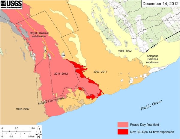 Large-scale map showing the mapped flow expansion on the coastal plain between November 30 and December 14 (in bright red). Light red represents the extent of the Peace Day flow from September 21, 2011, to November 30, 2012. Older flows are lab