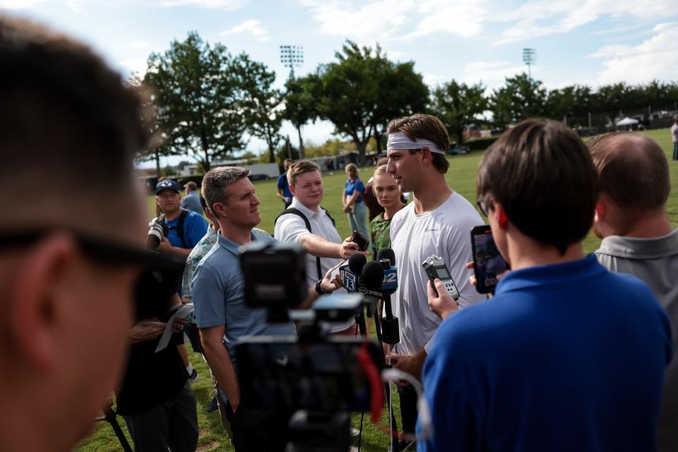 BYU Cougars football quarterback Kedon Slovis talks to journalists after practice at Brigham Young University in Provo on Tuesday, Aug. 1, 2023. | Spenser Heaps, Deseret News