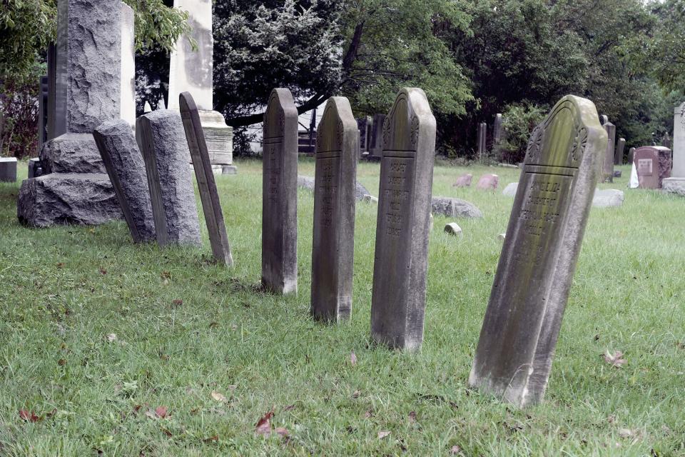 Leaning headstones at the cemetery surrounding the Old Methodist Church on Locust Avenue in West Long Branch Monday, September 18, 2023. While the cemetery next to the Old Methodist Church in West Long Branch is still cared for, two adjoining cemeteries are not.