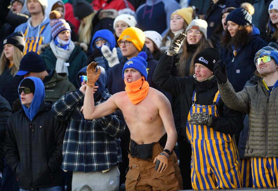 South Dakota State students react to a referee call during an FCS playoff game against Delaware on December 3, 2022, at Dana J. Dykhouse Stadium in Brookings.
