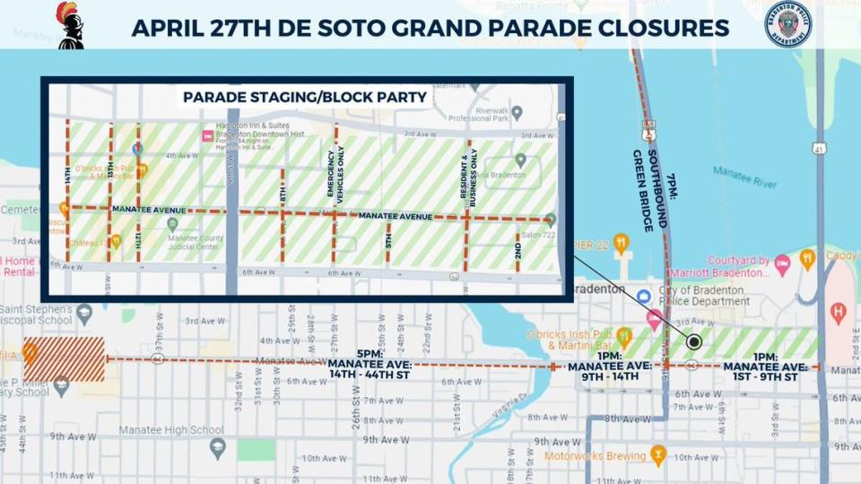 A map shows closure times for different segments of Manatee Avenue for Saturday’s De Soto Grand Parade. Bradenton Police Department