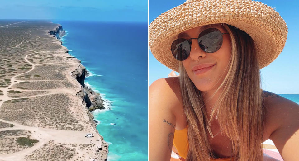 Backpacker Dani on the right wearing sunglasses and a straw hat, while on the left the view of the Bunda Cliffs in the Nullarbor can be seen. 