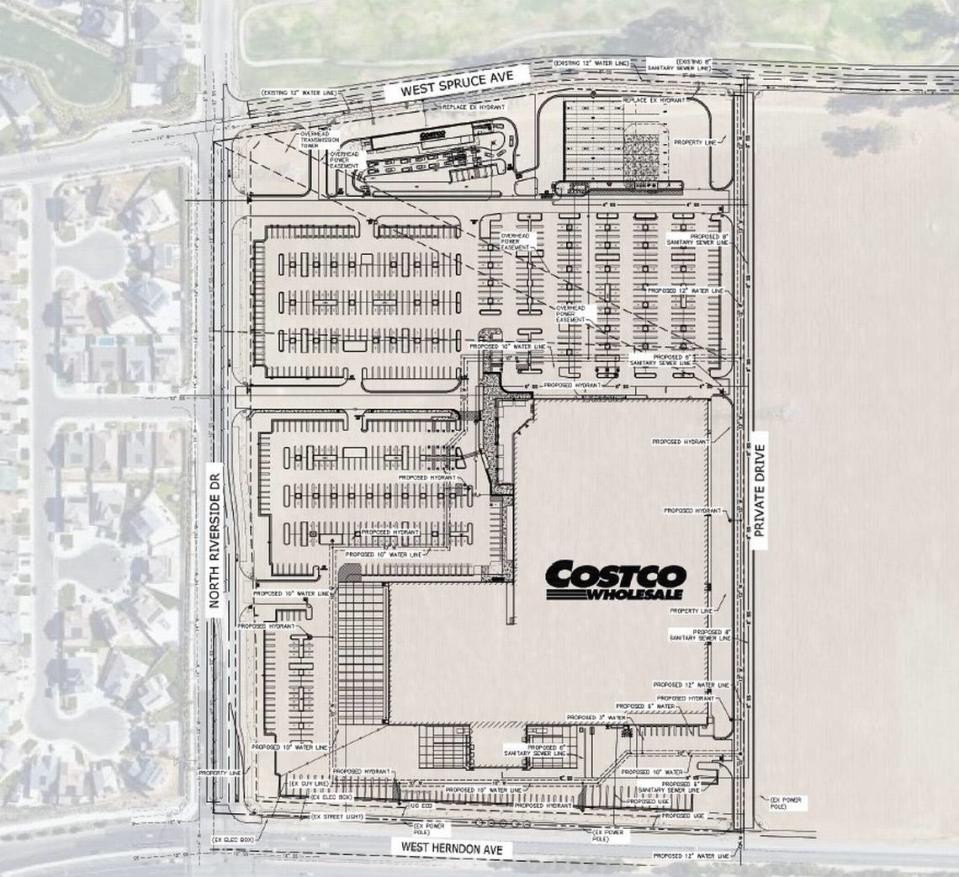 A site plan for a proposed Costco commercial center in northwest Fresno details where the new membership warehouse store would be built at the southeast part of the site, as well as a gas station and car wash on the north side of the parking lot.