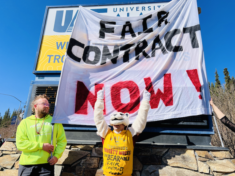 University of Alaska graduate student workers protest in support of a contract in Fairbanks, Alaska, on April 29, 2024. (Photo provided by Alaska Graduate Workers Association)