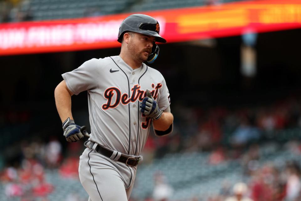Detroit Tigers catcher Jake Rogers (34) had two homers against the Los Angeles Angels at Angel Stadium in Anaheim, California, on Sunday afternoon.