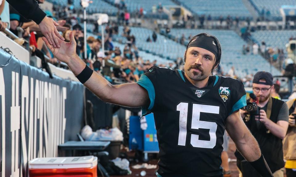 Jacksonville Jaguars quarterback Gardner Minshew II (15) after defeating the Indianapolis Colts, Sunday, Dec. 29, 2019 in Jacksonville, Fla. Jaguars won 38-20.