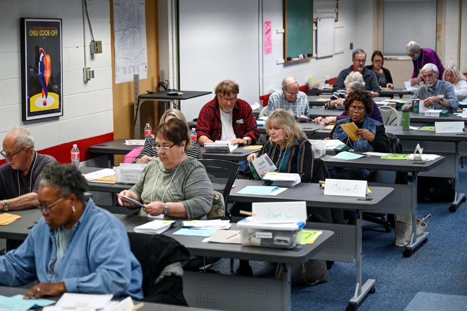 Election workers process ballots at the Lansing City Clerk's Election Unit after the polls closed on Tuesday, Nov. 8, 2022, in Lansing.