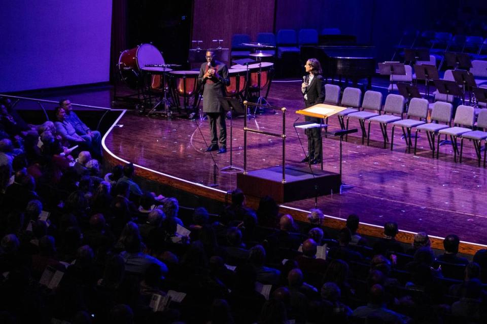 Lexington Philharmonic Composer-in-Residence Shawn Okpebholo and Music Director Melisse Brunet spoke to a sold-out, opening night crowd for the 2023-24 season for the orchestra.