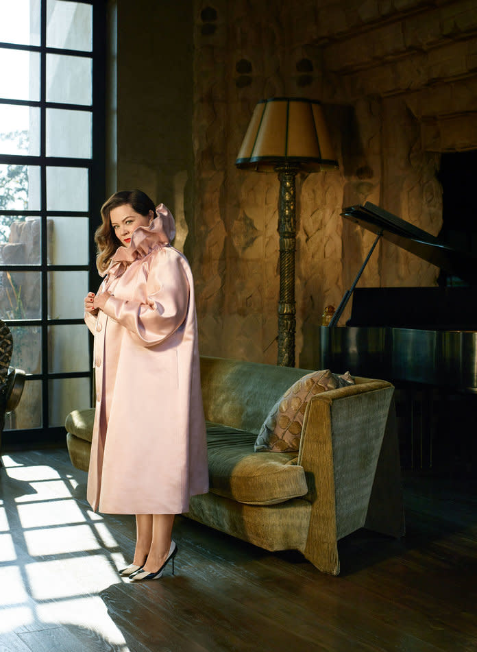 <p>McCarthy in a Marc Jacobs coat,&nbsp;Forevermark by Martin Flyer earrings, a&nbsp;Forevermark by Pluczenik ring (on right hand), a&nbsp;Chopard ring (on left hand), and&nbsp;Manolo Blahnik pumps. Photographed by Robbie Fimmano.</p>