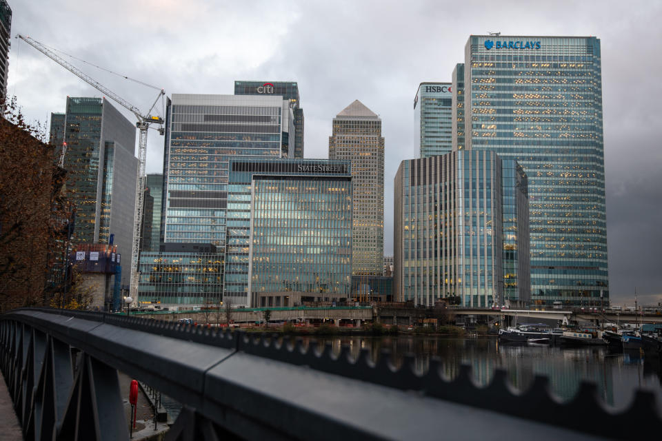 The London headquarters of various banks. The FTSE was up on Tuesday