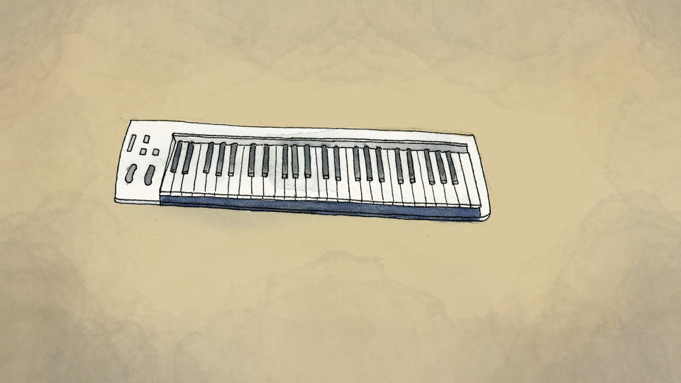 An illustration made from a photo provided by Tri Novia Septiani of Michael Robert Marampe's keyboard. (AP Illustration/Peter Hamlin)