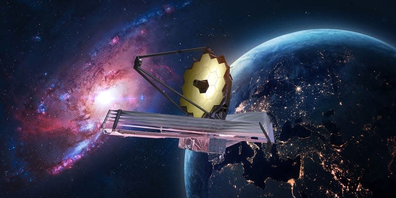 An illustration of the James Webb Space Telescope in space.