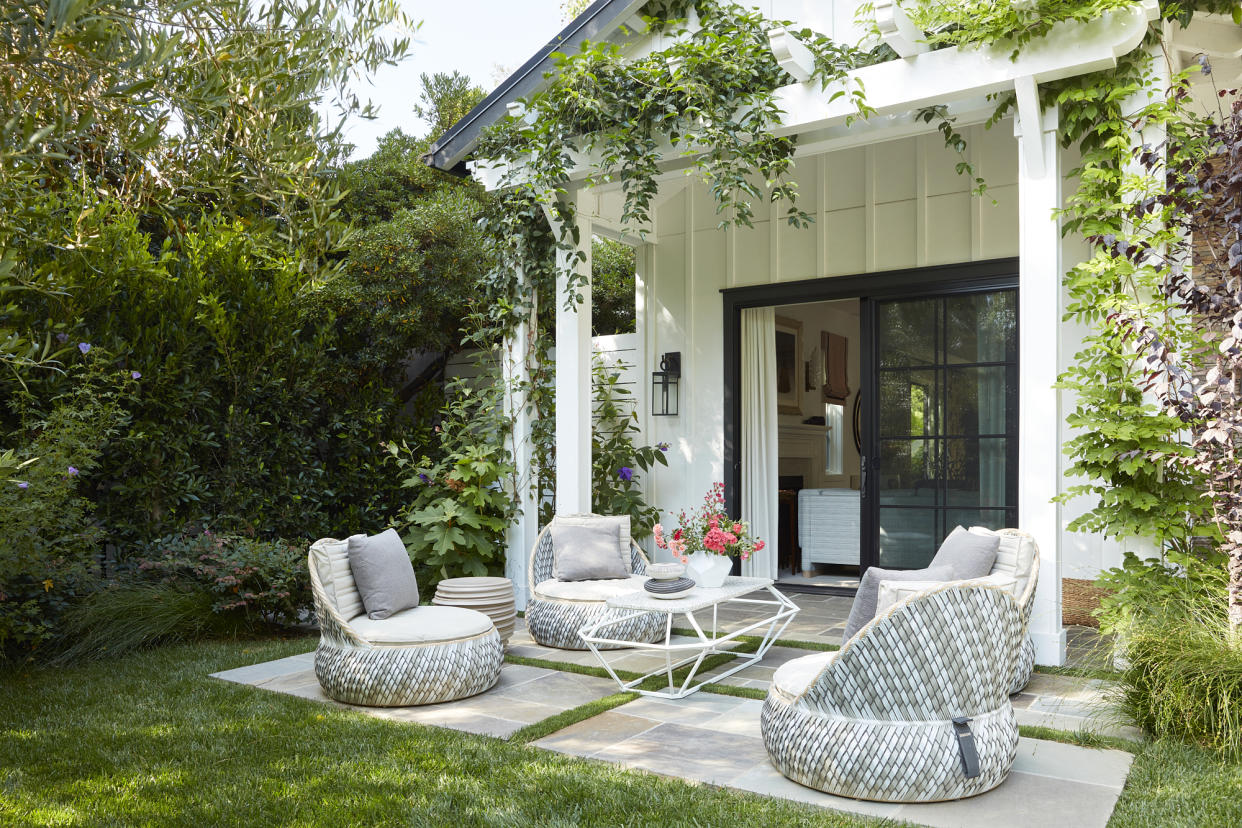  A backyard with seating. 