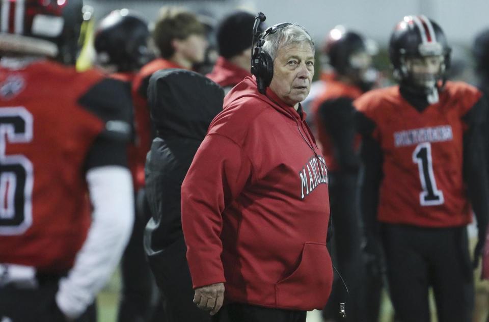 Manchester's coach Jim France watches his team take on Rootstown at James France Stadium on Nov. 9, 2019.