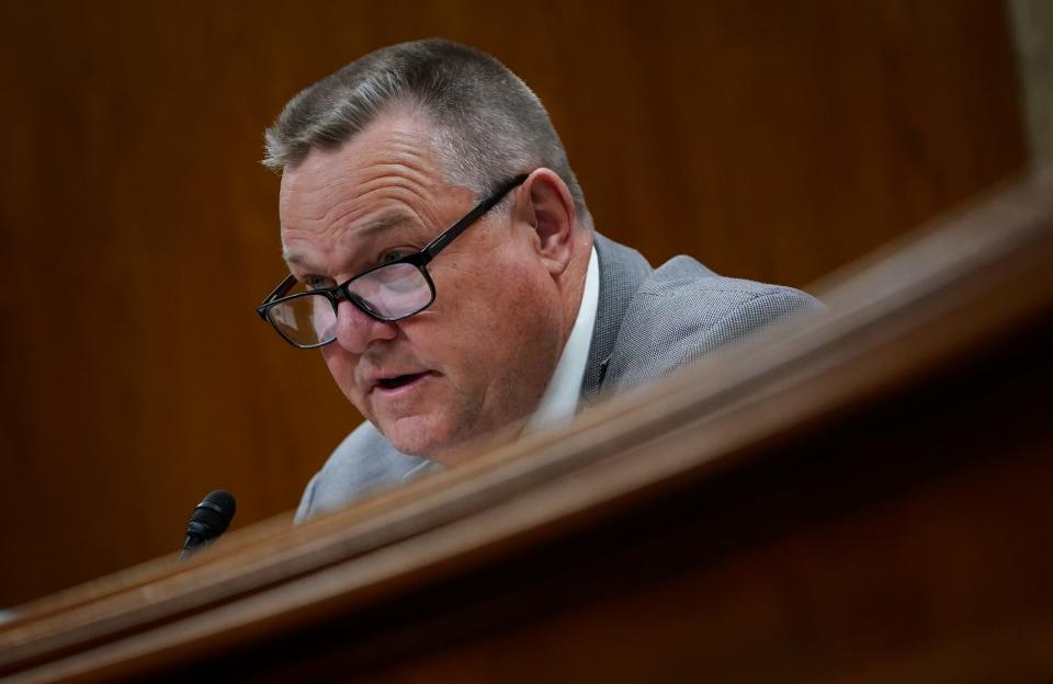 May 11, 2023; Washington, D.C, USA -- Senator Jon Tester (D-Mont.) at the Senate Appropriations - Subcommittee on Defense hearing to examine proposed budget estimates and justification for fiscal year 2024 for the Department of Defense with Secretary of Defense Lloyd J. Austin III and General Mark A. Milley, Chairman, Joint Chiefs of Staff on May 11, 2023 in Washington, D.C. Mandatory Credit: Jack Gruber-USA TODAY