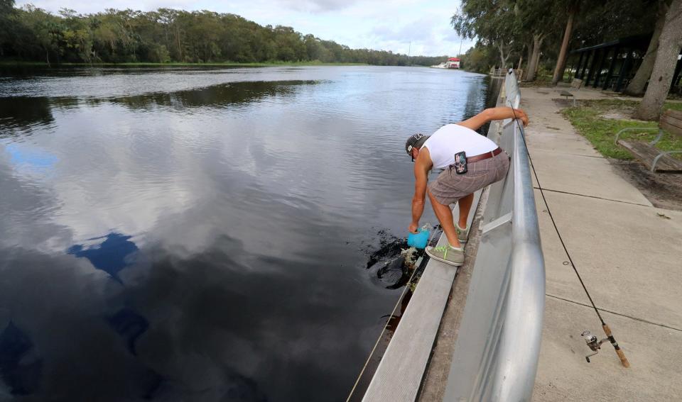 Jeff Conrow dips water from the St. Johns River into a bucket.