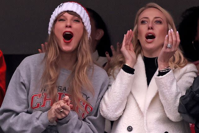 <p>Maddie Meyer/Getty</p> Taylor Swift and Brittany Mahomes at the Kansas City Chiefs vs. New England Patriots game on Dec. 17