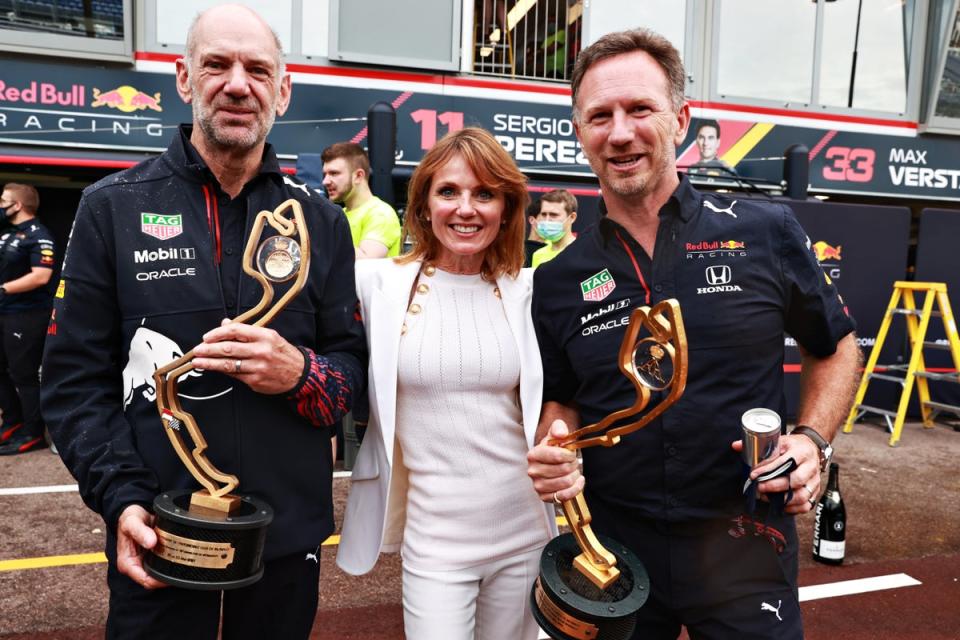 Horner celebrates victory in Monaco in 2021 with wife Geri and Adrian Newey (left) (Getty)