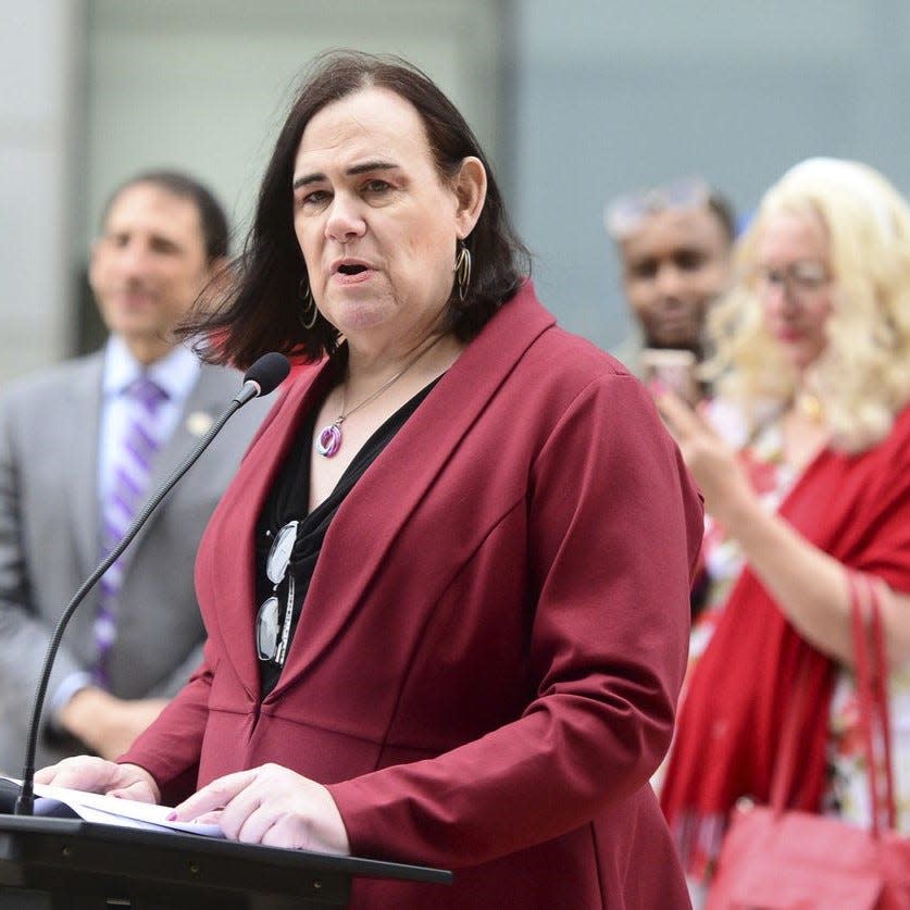 Eastern PA Trans Equity Project Executive Director Corinne Goodwin speaks in Allentown at a Transgender Day of Visibility Pride flag raising ceremony on March 31, 2023.