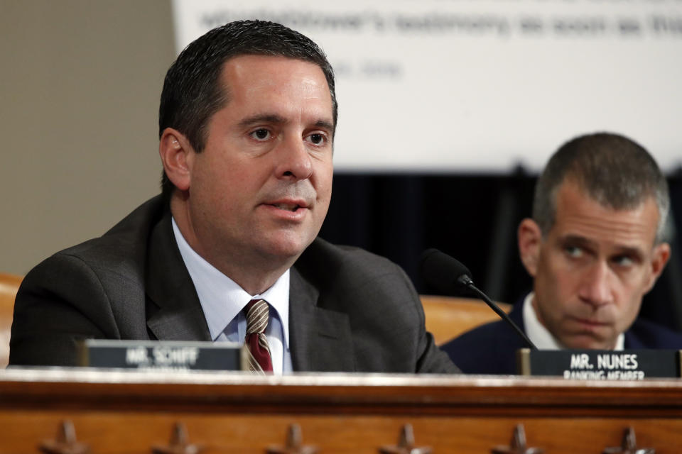 R426anking member Rep. Devin Nunes of Calif., speaks during a hearing with Jennifer Williams, an aide to Vice President Mike Pence, and National Security Council aide Lt. Col. Alexander Vindman, before the House Intelligence Committee on Capitol Hill in Washington, Tuesday, Nov. 19, 2019. (AP Photo/Alex Brandon)