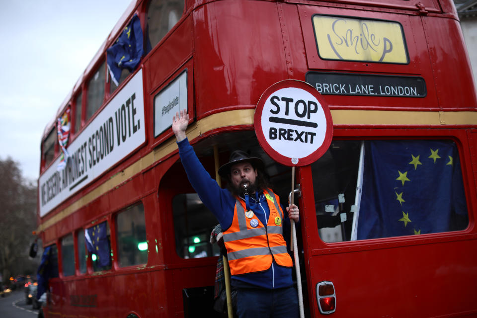 LONDON, ENGLAND - JANUARY 29: A pro-EU protester demonstrates on a bus near the Houses of Parliament on January 29, 2019 in London, England. Seven amendments to the Prime Minister’s Brexit deal have been chosen for debate today including those from Dominic Grieve, Yvette Cooper and Graham Brady. MPs will begin voting on them from 7pm. (Photo by Dan Kitwood/Getty Images)