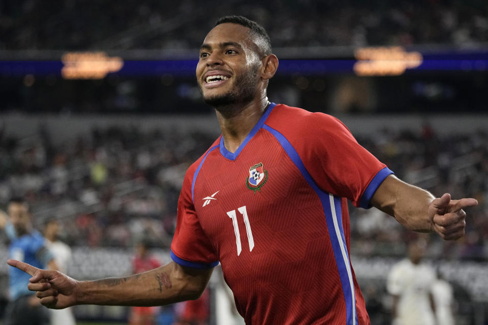 Panama forward Ismael Díaz celebrates after scoring a goal, his third of the match, during the second half of a CONCACAF Gold Cup soccer quarterfinal against Qatar, Saturday, July 8, 2023, in Arlington, Texas. (AP Photo/Sam Hodde)