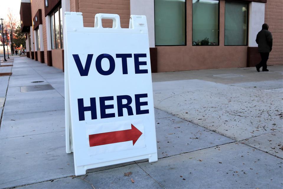 A sign displayed Jan. 13, 2022, points voters in the direction of the Shasta County Elections Department. Early voting also is taking place for the Statewide Primary Election on June 7, 2022.