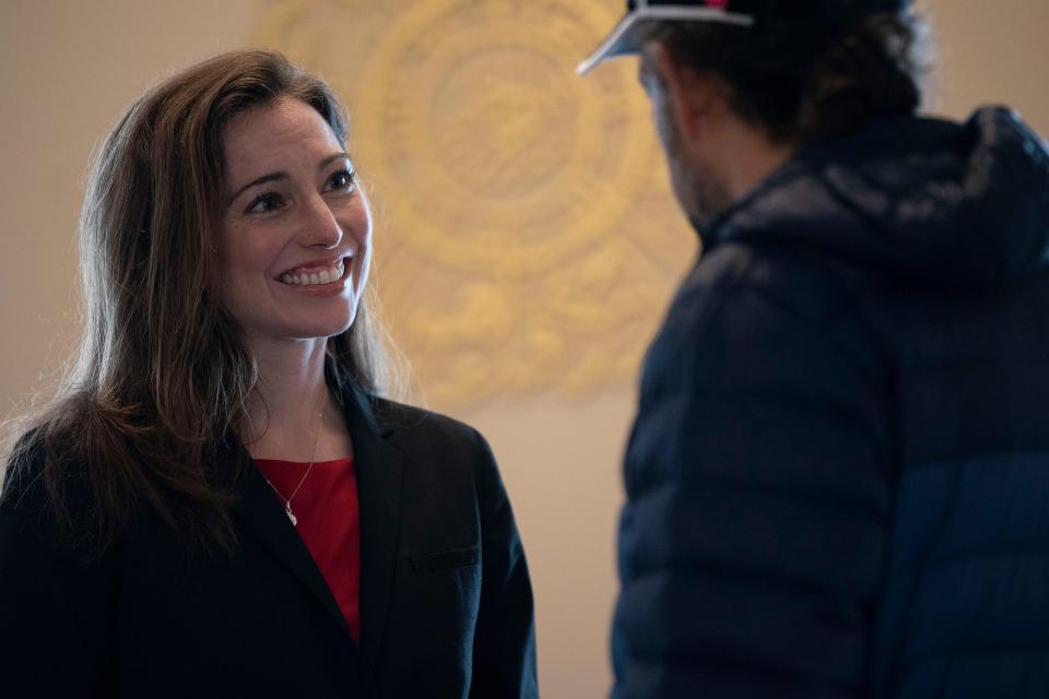 Davidson County District Attorney candidate Sara Beth Myers talks with Dr. Adel ElMessiry after a prayer service at the Islamic Center of Nashville Friday, March 25, 2022 in Nashville, Tenn. 