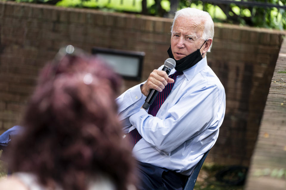 LANCASTER, PA - JUNE 25: Democratic presidential candidate former Vice President Joe Biden speaks to families who have benefited from the Affordable Care Act during an event at the Lancaster Recreation Center on June 25, 2020 in Lancaster, Pennsylvania. Biden met with families who have benefited from the Affordable Care Act and made remarks on his plan for affordable health care. (Photo by Joshua Roberts/Getty Images)