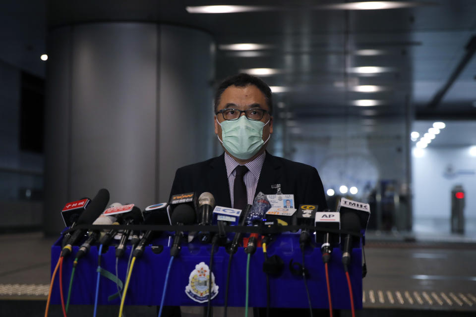 Senior Superintendent Li Kwai-wah, Hong Kong Police National Security Department, speaks during a news conference in Hong Kong, Thursday, July 30, 2020. Hong Kong police have made their first major arrests under a new national security law, detaining four young people on suspicion of inciting secession. Police say they arrested three males and one female, aged 16 to 21, at three locations. All are believed to be students. (AP Photo/Kin Cheung)