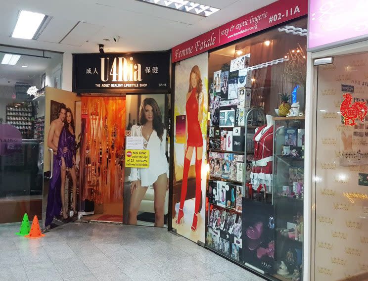 The storefront of adult shops U4Ria and Femme Fatale. (Photo: Wan Ting Koh/ Yahoo Lifestyle Singapore)