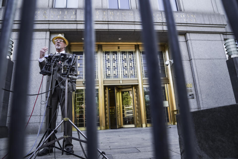 Jury foreman John Patrick speaks with media outside Manhattan federal court following the sentencing of convicted Islamic terrorist Sayfullo Saipov, Wednesday May 17, 2023, in New York. Saipov, 35, was given 10 life sentences and another 260 years in prison on Wednesday for killing eight people with a truck on a bike path in Manhattan and severely injuring 18 others in 2017. (AP Photo/Bebeto Matthews)