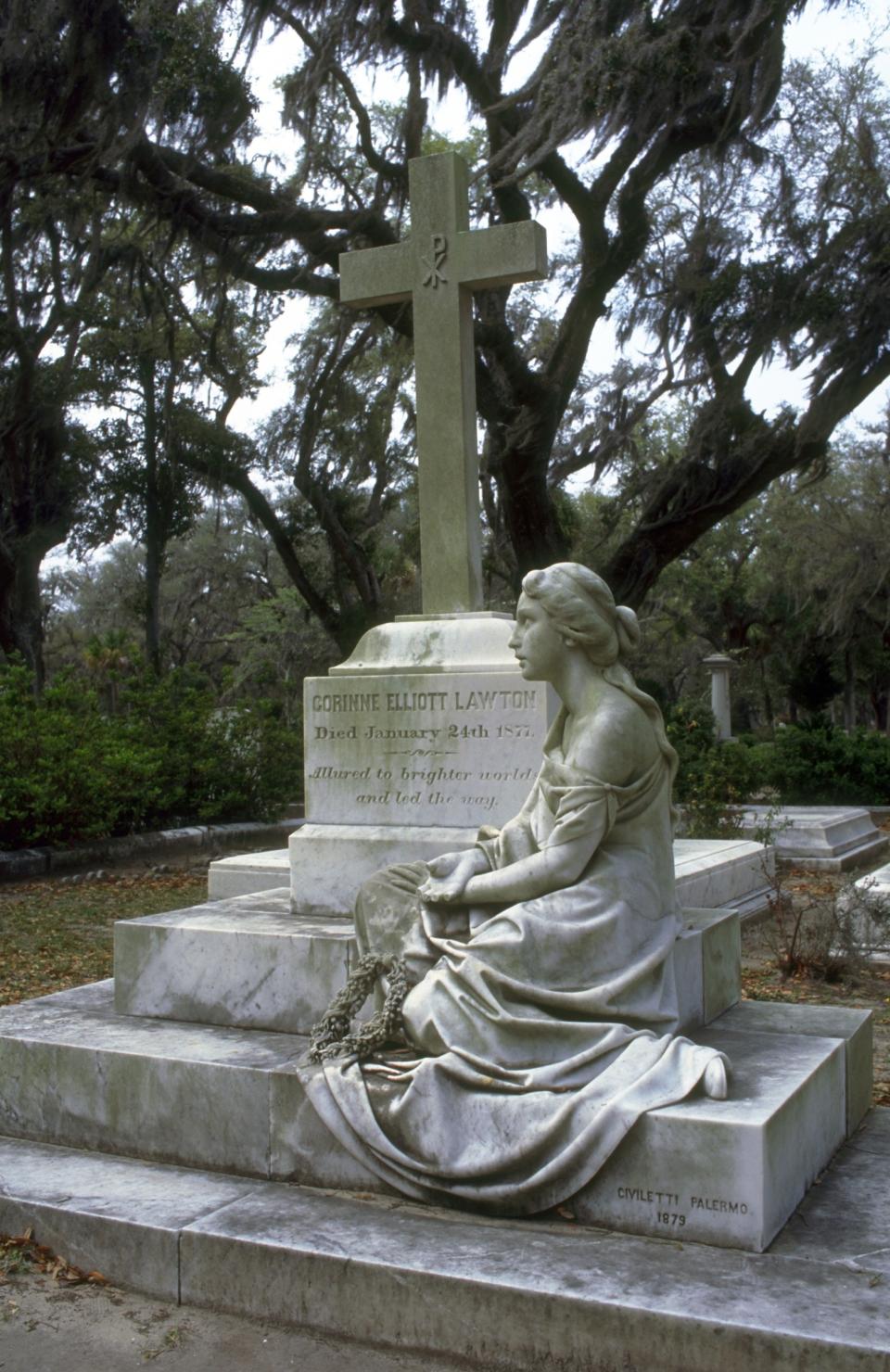 FILE - This undated file photo from the Savannah Convention and Visitors Bureau shows the Bonaventure Cemetery in Savannah, Ga. The cemetery, known for its spooky but romantic statues, memorials and more of those live oaks draping gravesites with Spanish moss, was also featured in “Midnight in the Garden of Good and Evil.” (AP Photo/Savannah Convention and Visitors Bureau, Erica Backus)