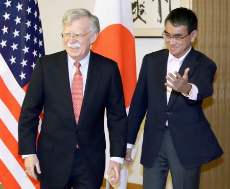 U.S. National Security Adviser John Bolton meets Japanese Foreign Minister Taro Kono at the Foreing Ministry in Tokyo