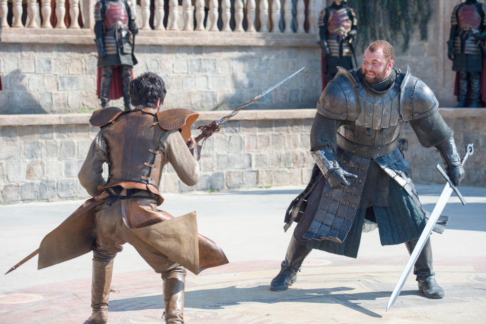 Pedro Pascal and Hafþór Júlíus Björnsson, The Red Viper and The Mountain, do battle in Game of Thrones (HBO)