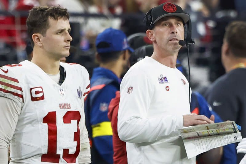 San Francisco 49ers head coach Kyle Shanahan watches from the sideline during the third quarter of Super Bowl LVIII against the Kansas City Chiefs on Sunday at Allegiant Stadium in Las Vegas. Photo by John Angelillo/UPI