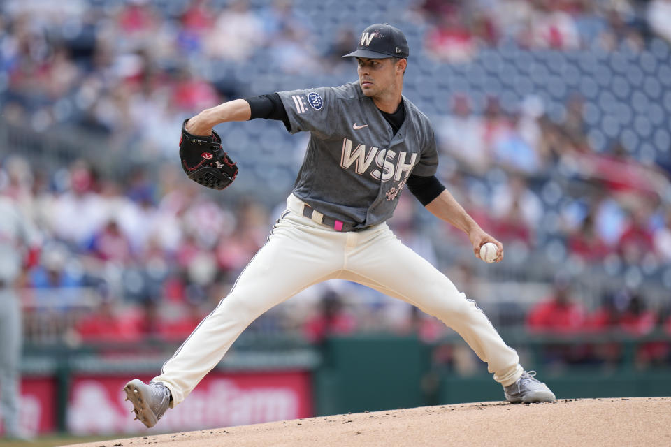 Washington Nationals starting pitcher MacKenzie Gore throws to the Philadelphia Phillies in the first inning of a baseball game, Saturday, June 3, 2023, in Washington. (AP Photo/Patrick Semansky)