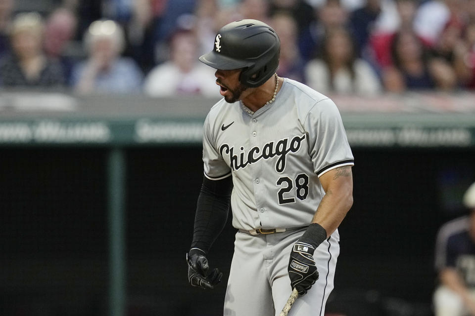 Chicago White Sox's Tommy Pham reacts after being called out on strikes in the seventh inning of a baseball game against the Cleveland Guardians, Tuesday, July 2, 2024, in Cleveland. (AP Photo/Sue Ogrocki)