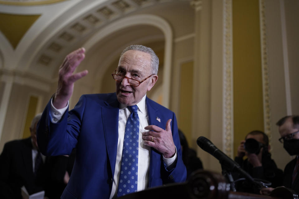 Senate Majority Leader Chuck Schumer, D-N.Y., speaks to reporters following a closed-door policy meeting on the Democrat's lame duck agenda, at the Capitol in Washington, Tuesday, Nov. 15, 2022. (AP Photo/J. Scott Applewhite)