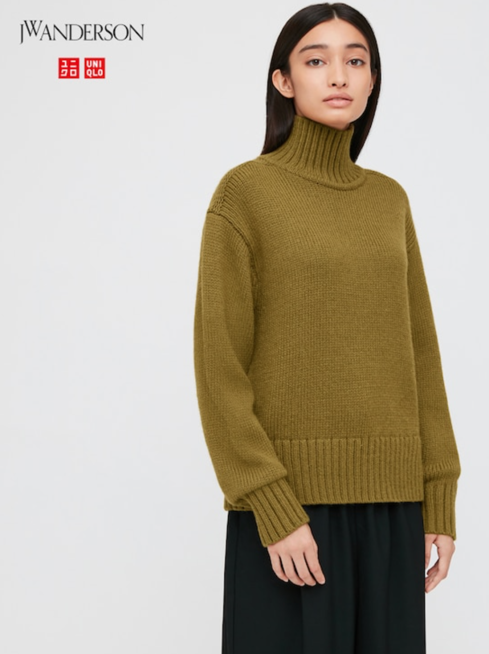 JW Anderson x Uniqlo Turtleneck Long-Sleeve Sweater in 56 Olive (Photo via Uniqlo)