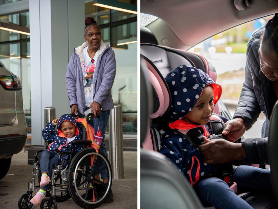 Three-year-old Skye McBride smiles while being discharged from Children’s Hospital of Michigan (Cydni Elledge for NBC News)