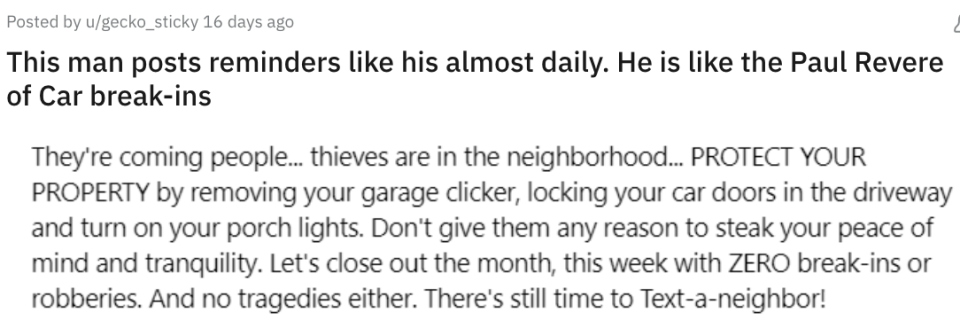 Screen shot of a Reddit post ending in, "Let's close out the month, this week with ZERO break-is or robberies. And no tragedies either. There's still time to Text-a-neighbor!"