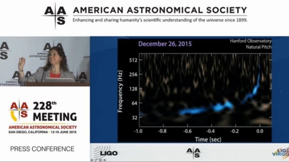 During a talk at the 228th meeting of the American Astronomical Society in San Diego on June 15, 2016, LIGO Collaboration spokeswoman Gabriela Gonzalez explains how she and her colleagues converted the signal
