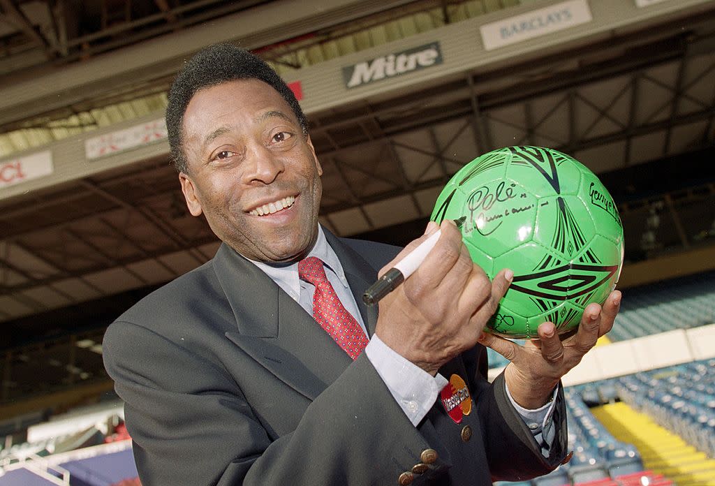 Pele during an AXA photocall at Wembley in London. Mandatory Credit: Clive Mason /Allsport