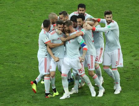 Soccer Football - World Cup - Group B - Portugal vs Spain - Fisht Stadium, Sochi, Russia - June 15, 2018 Spain's Nacho celebrates scoring their third goal with team mates REUTERS/Lucy Nicholson